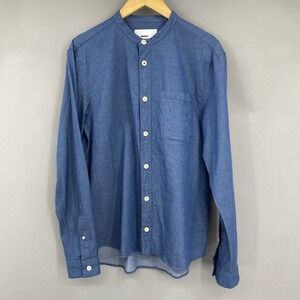Finisterre Grandad Collar Chambray Shirt Mens Size M Blue Long Sleeve Portugal